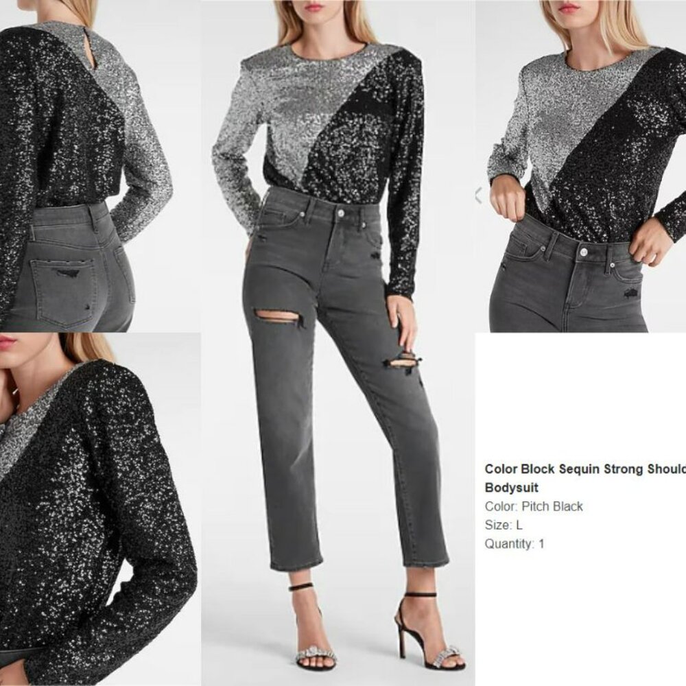 Express Sequin Color Block Bodysuit – Black/Silver – Statement Piece – Large